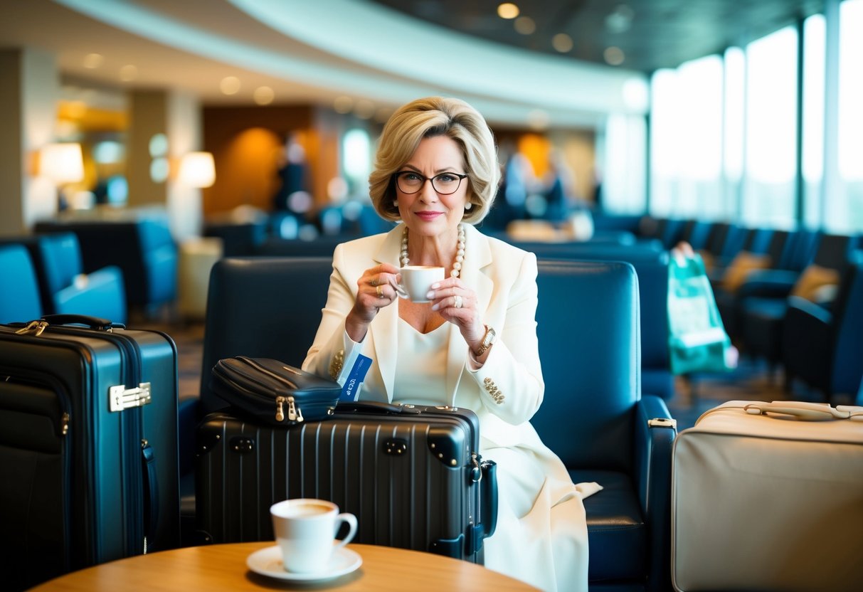 The Mother of the Bride sits in a cozy airport lounge, surrounded by luggage and travel essentials, checking her boarding pass and sipping a cup of coffee