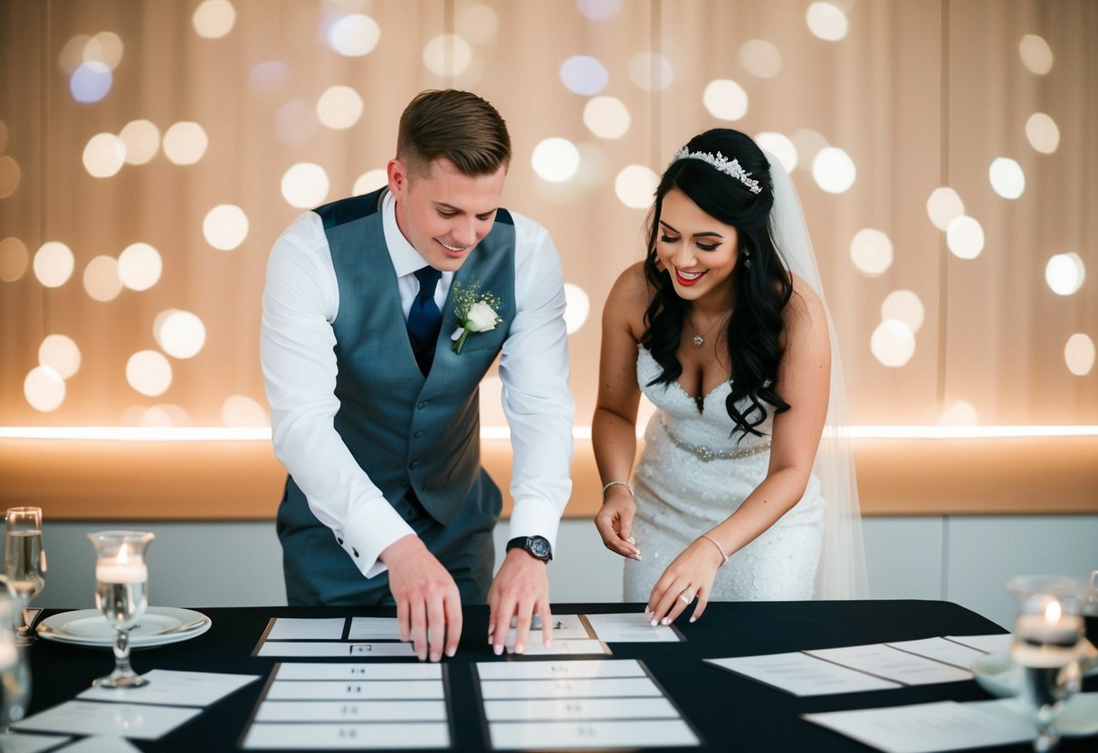 The bride and groom are arranging the seating chart