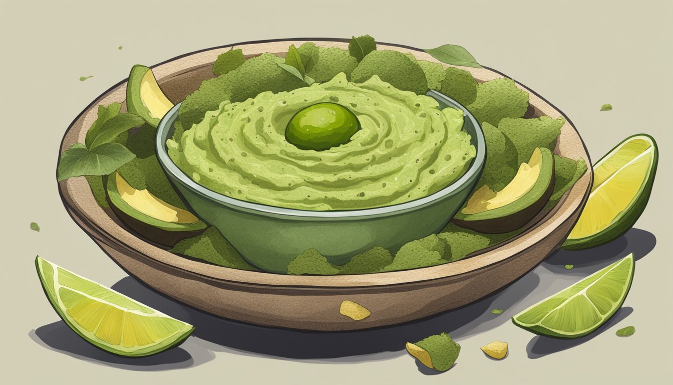 A bowl of guacamole with visible mold growth, surrounded by discarded avocado pits and browned lime wedges