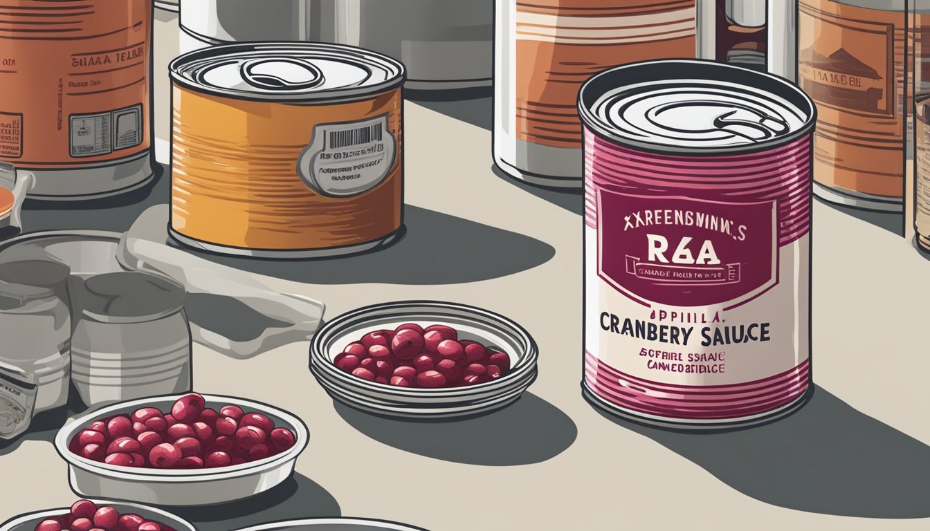 A can of expired cranberry sauce sits on a kitchen counter, surrounded by other canned goods. The expiration date is clearly visible on the label