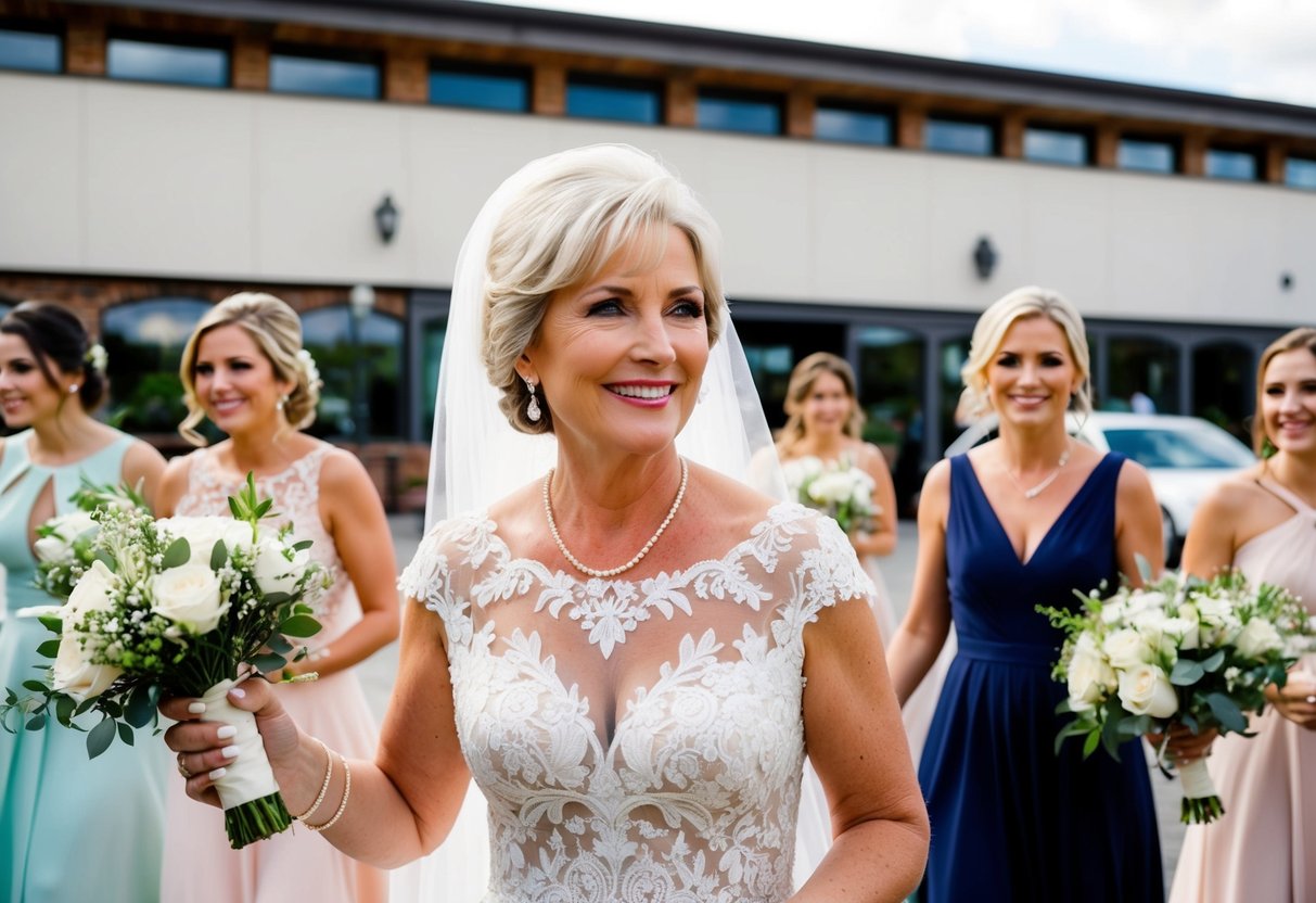 The mother of the bride travels with the bridal party to the venue for pre-ceremony preparations