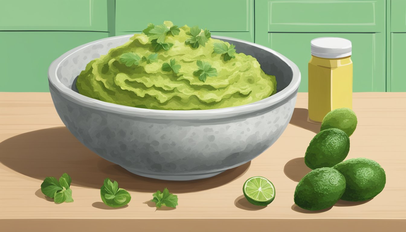 A bowl of guacamole covered in green and white mold, sitting on a kitchen counter