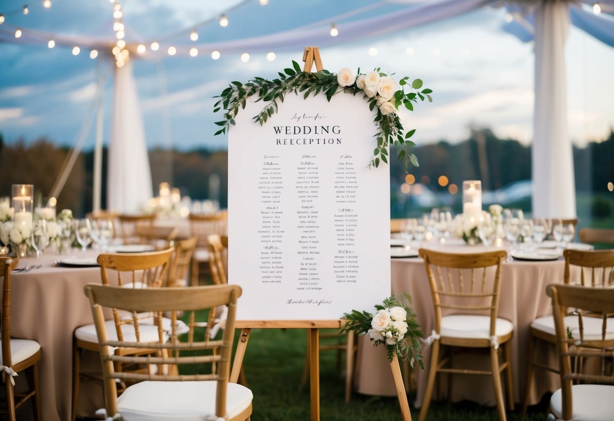 A seating chart shows tables and chairs arranged for a wedding reception
