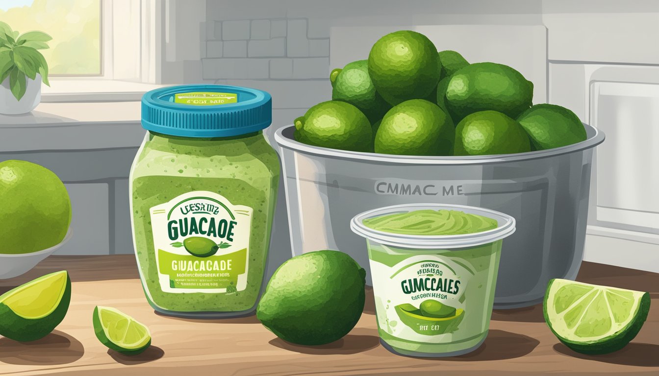 A sealed container of guacamole sits in the refrigerator next to a bowl of freshly cut limes. The container is labeled with "Use By" date