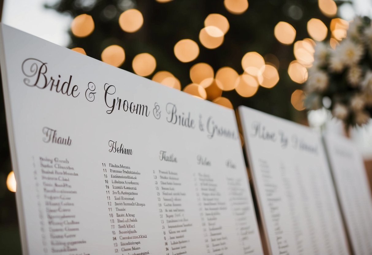 A seating chart with the bride and groom's names highlighted in the center