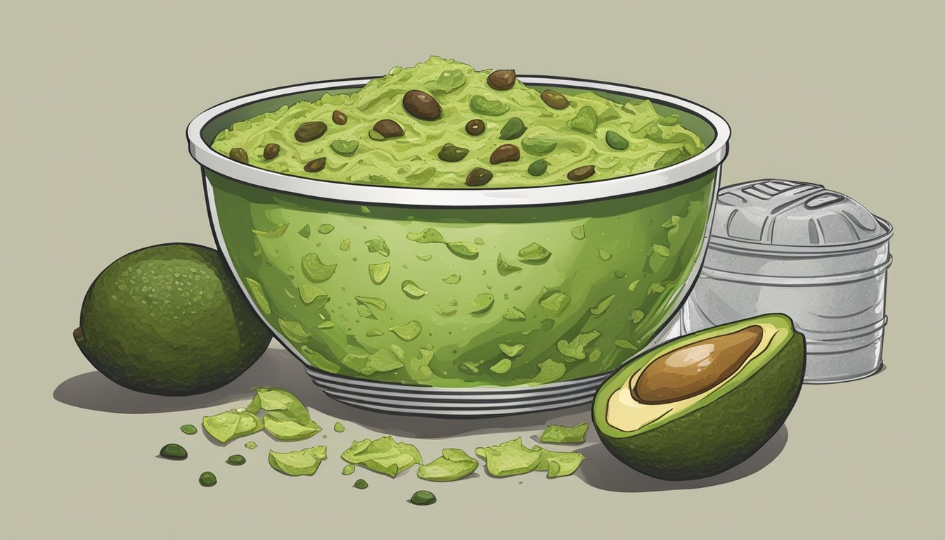 A bowl of guacamole with visible mold, surrounded by discarded avocado skins and a trash can