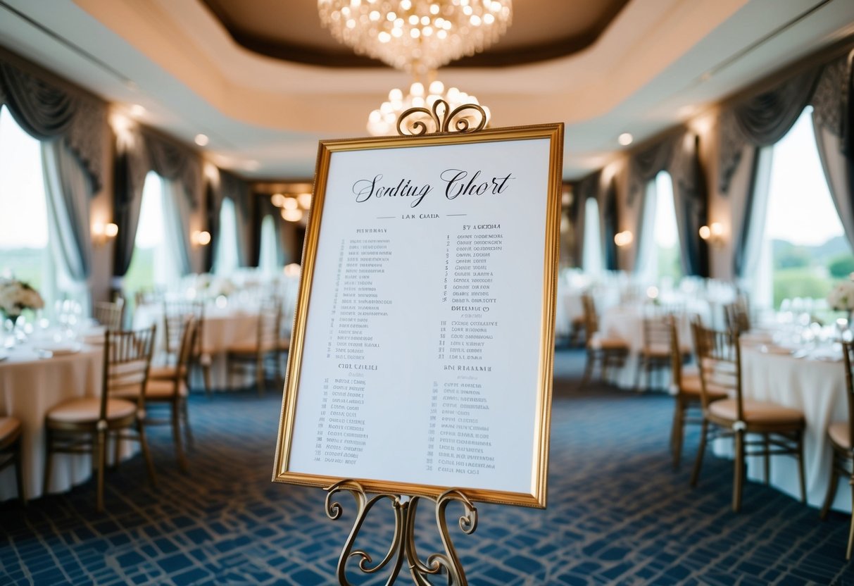 The seating chart is displayed on an elegant stand, with the bride and groom's names prominently featured at the head table