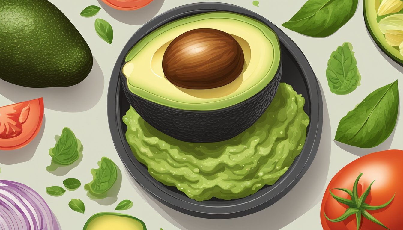 A ripe avocado with mold growing on its surface, surrounded by fresh ingredients like tomatoes and onions, next to a container of guacamole being sealed with a lid