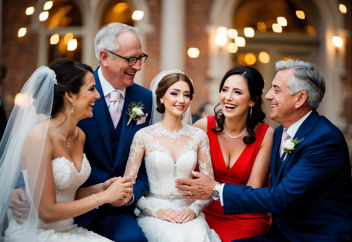 A figure sits between the bride's parents, sharing in their joy and celebration
