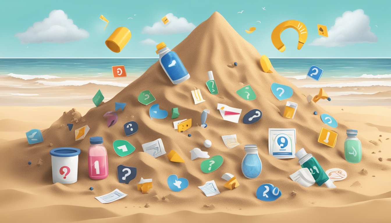 A pile of sand with a question mark above it, surrounded by warning signs and symbols of potential health complications