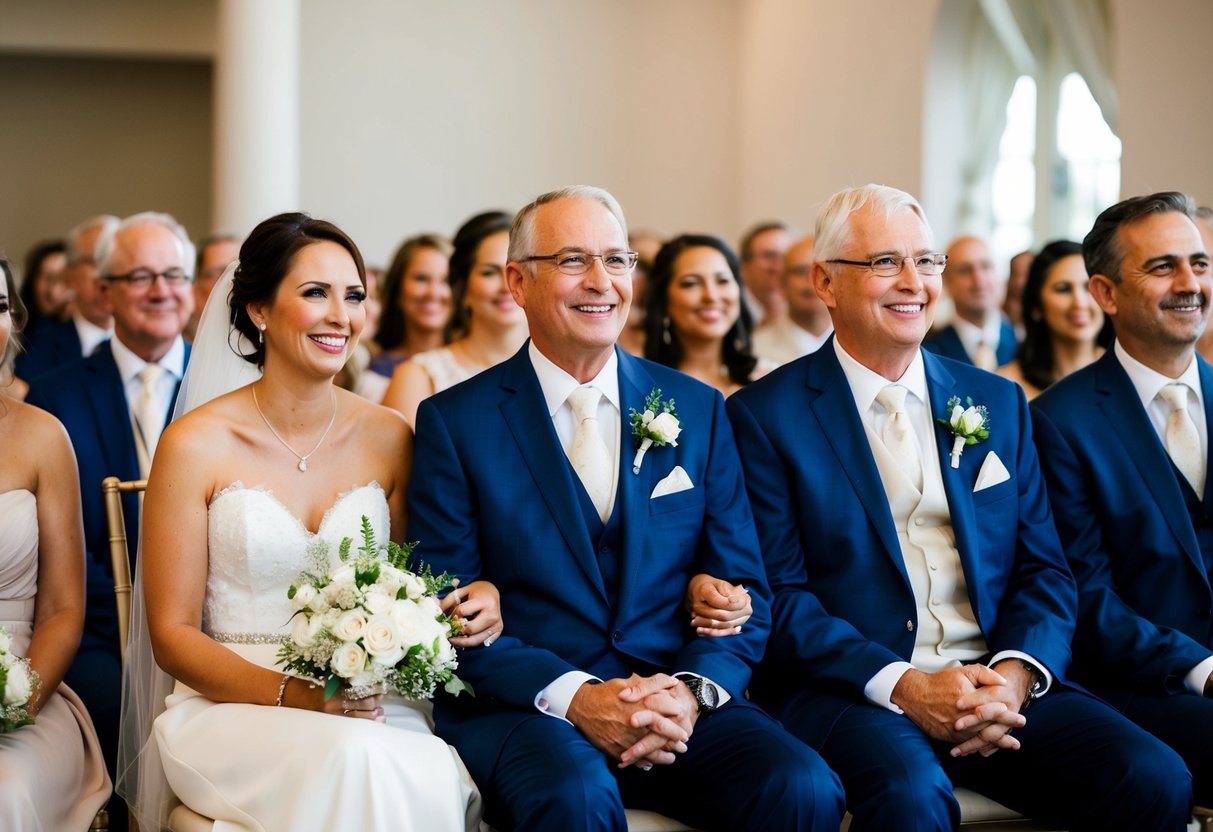 The bride's parents sit together in the front row during the wedding ceremony, beaming with pride and joy