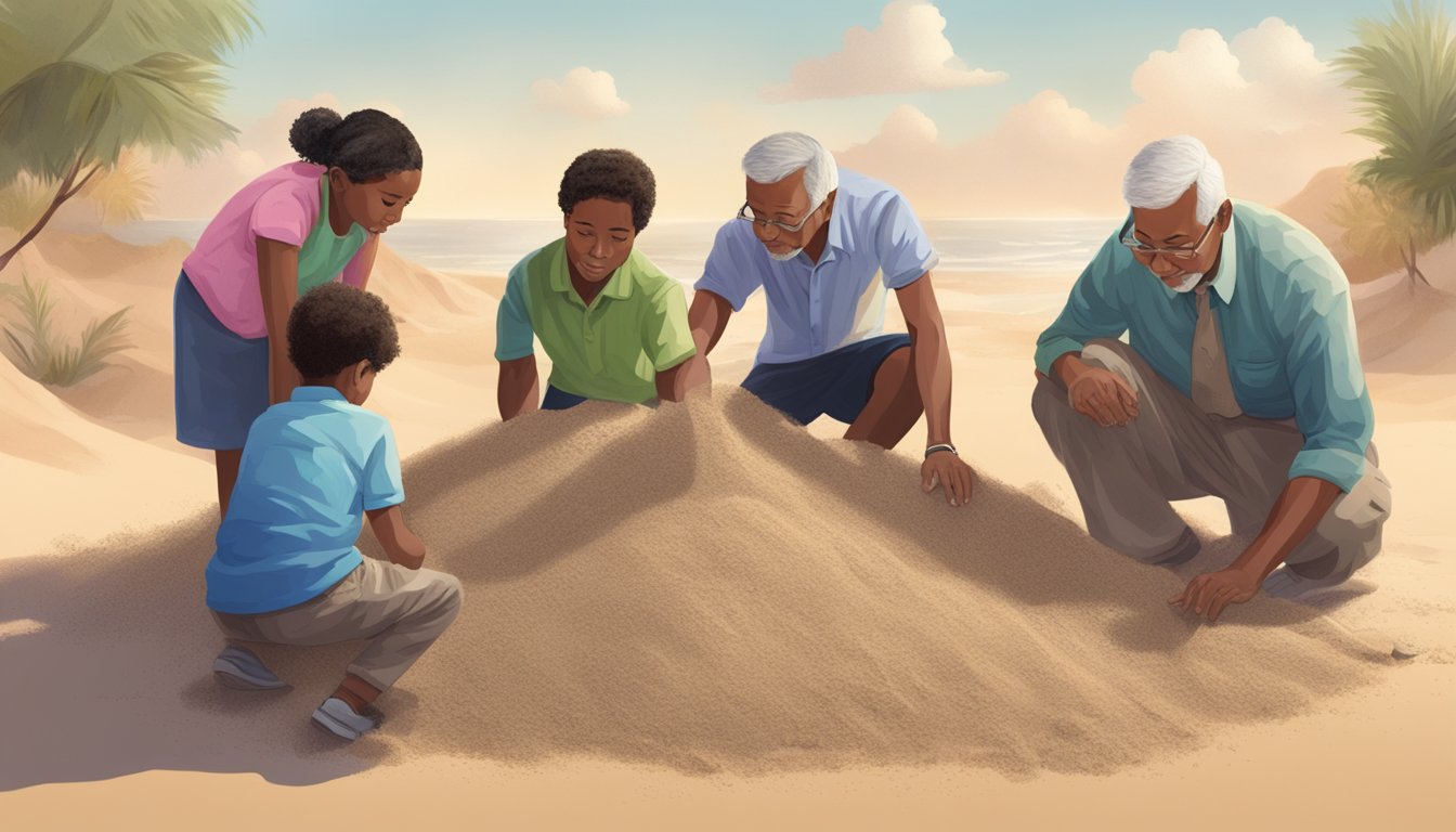 A group of diverse individuals, including children and elderly, cautiously examining a pile of sand with a mix of curiosity and concern