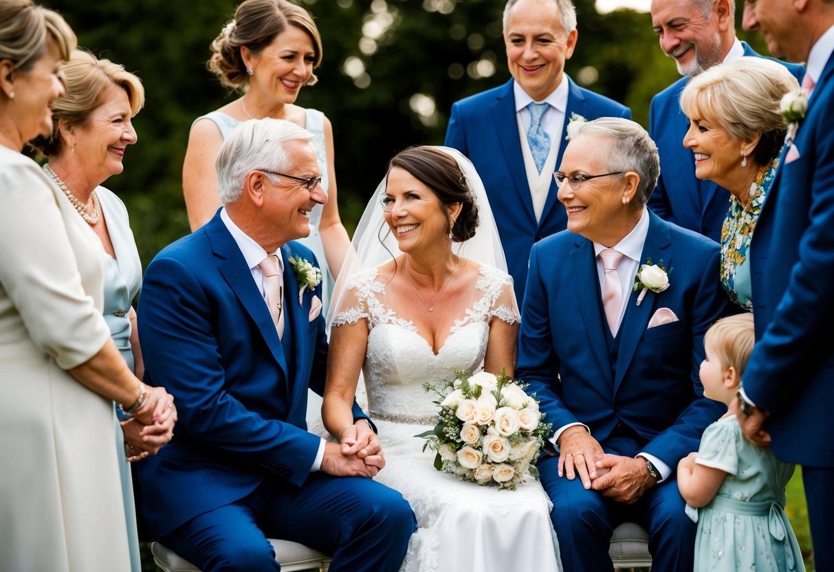 The parents of the bride sit together, surrounded by close family and friends, sharing a moment of love and support