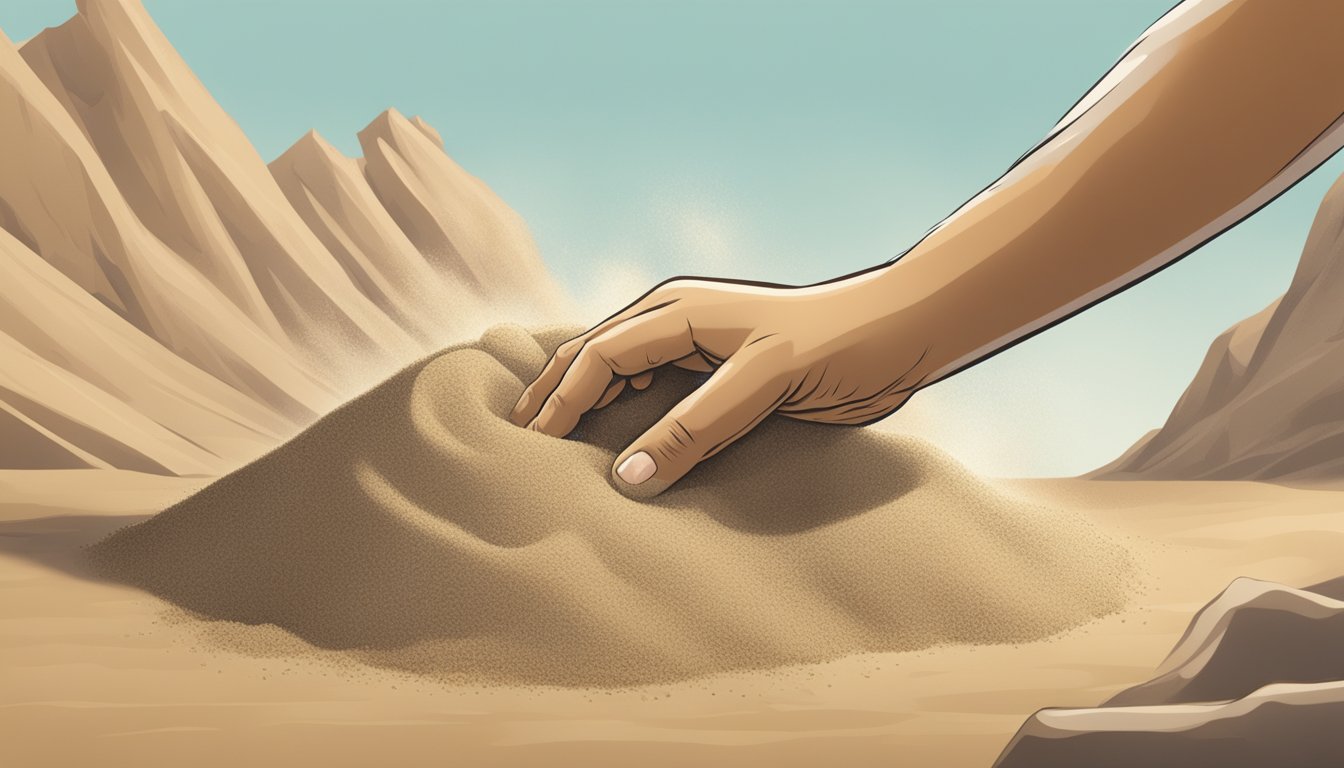 A hand reaching down to pick up a handful of sand, examining it closely with a cautious expression