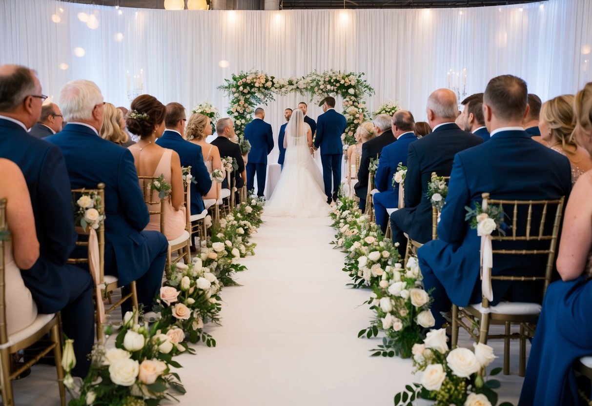 Guests seated on either side of a wedding aisle, facing the altar. Flowers and decorations adorn the seats and the backdrop