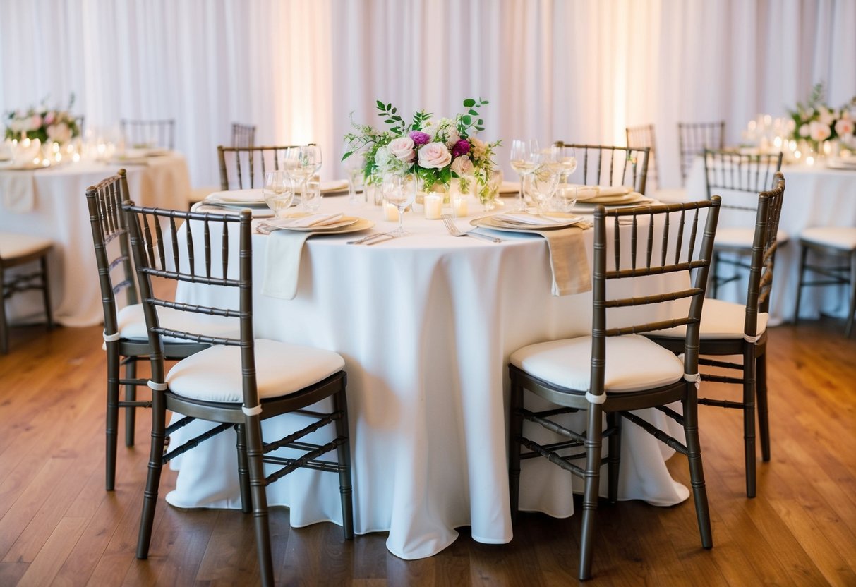 A table with two empty chairs, one slightly larger than the other, set for a special occasion with elegant place settings and floral centerpieces