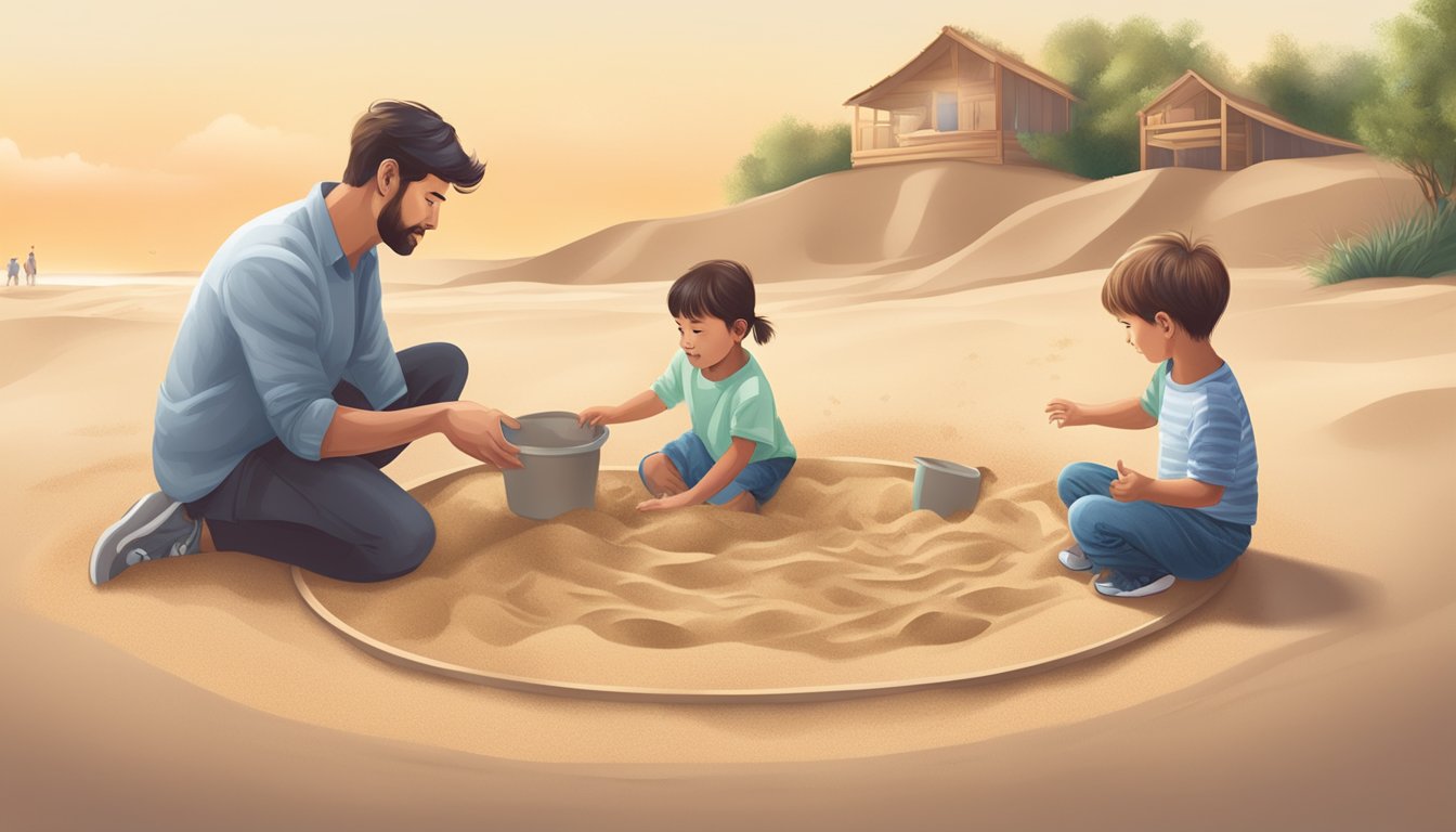 A child's sandbox with a "No Eating" sign and a parent gently directing the child away from the sand