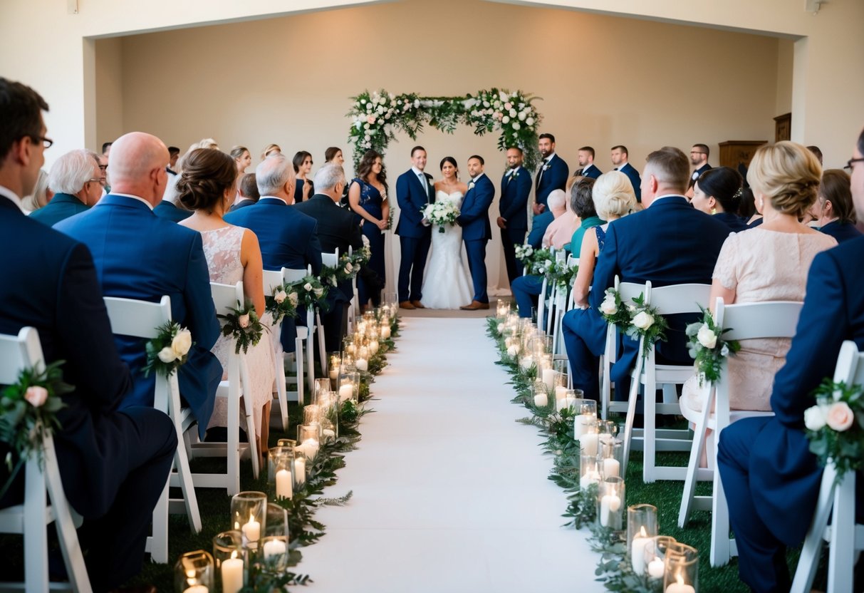 Guests seated on either side of a wedding aisle, with one side decorated for the bride's family and the other for the groom's