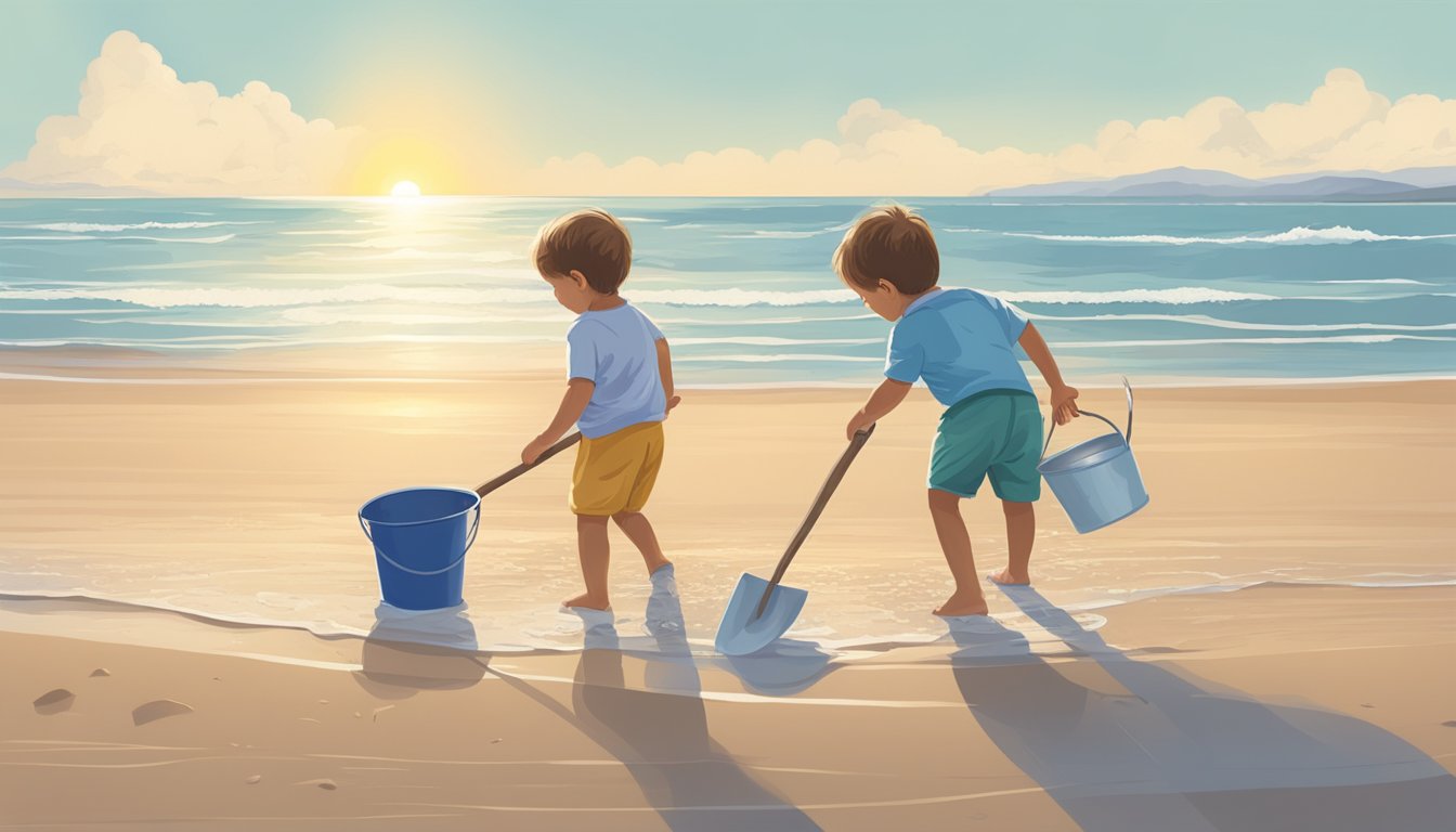 A sandy beach with a clear blue sky and gentle waves, with a small child playing with a bucket and shovel