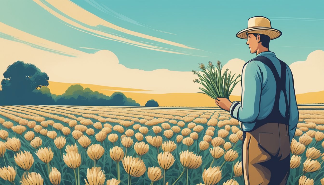 A farmer inspecting salsify plants in a field, surrounded by rows of crops and a clear blue sky