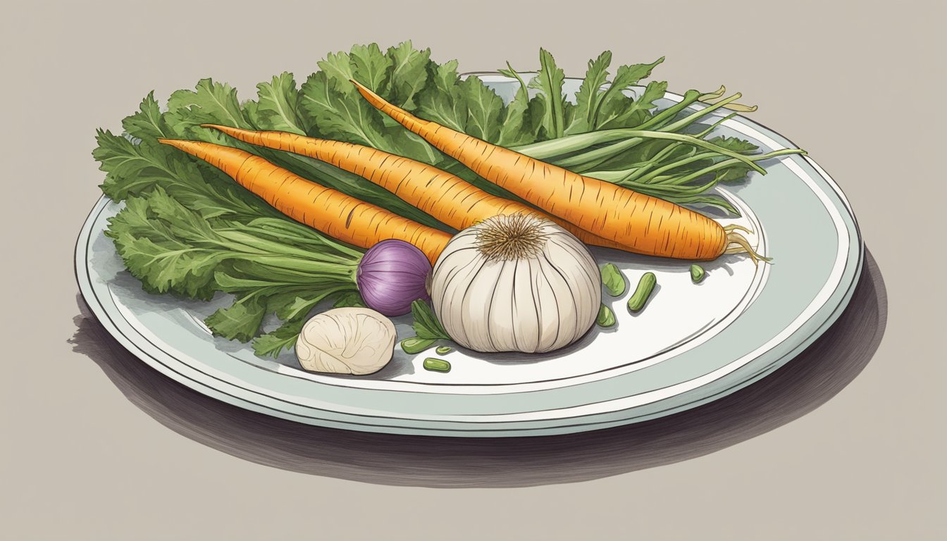 A plate with salsify next to other vegetables, with a question mark above it