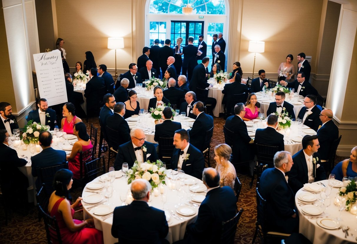 Guests gather around round tables with elegant place settings and floral centerpieces. A seating chart is displayed at the entrance