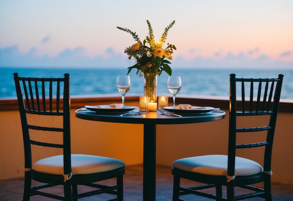 A table set for two with a candlelit ambiance, each chair facing the other
