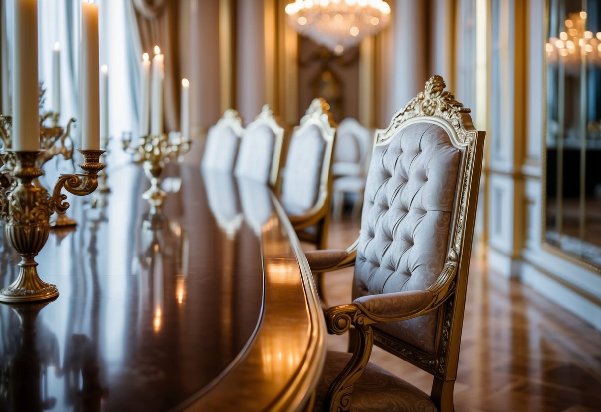 A grand, ornate chair sits at the head of a long, polished table, commanding attention in the opulent dining room