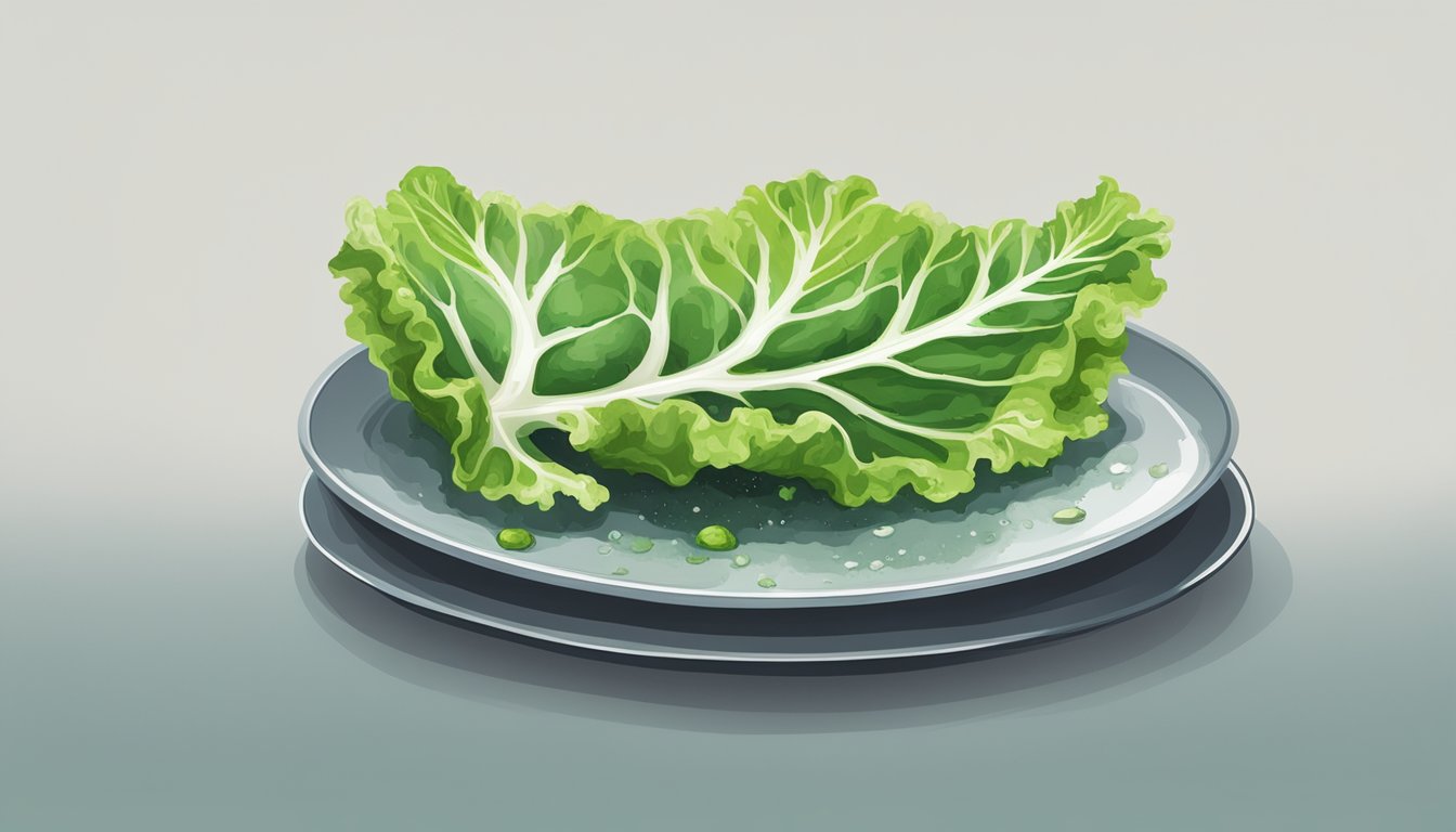 A piece of moldy lettuce sitting on a plate, with visible green and white patches of mold growing on the surface