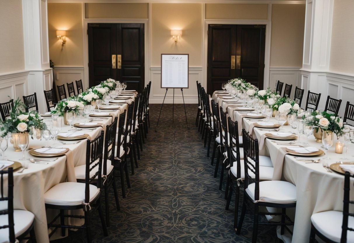 Tables arranged in a U-shape with elegant table settings and floral centerpieces. A seating chart placed at the entrance
