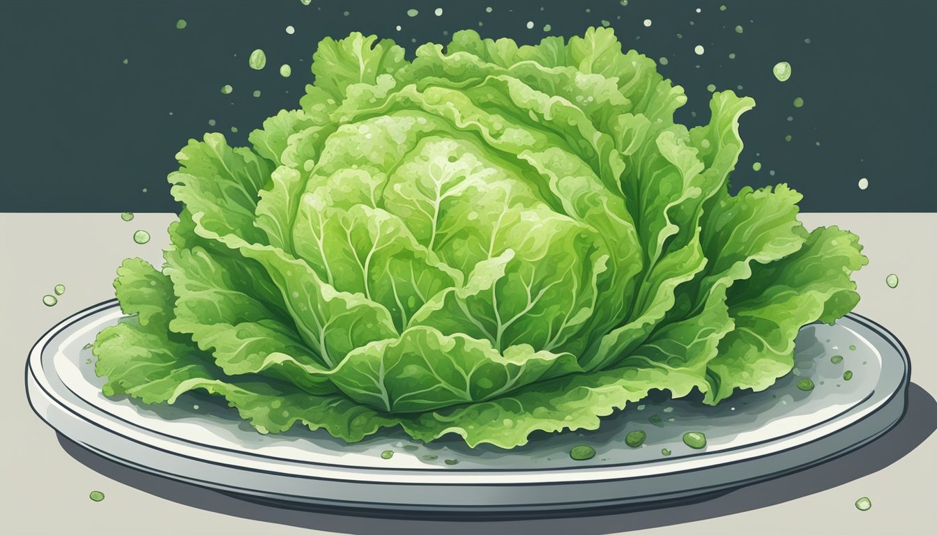 A moldy head of lettuce sits on a plate, surrounded by small spots of green and white mold