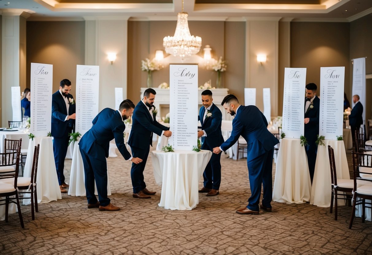 Wedding professionals arranging seating chart with tables and chairs in a reception hall