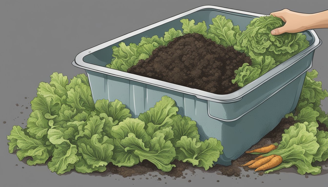 A person discarding a moldy head of lettuce into a compost bin