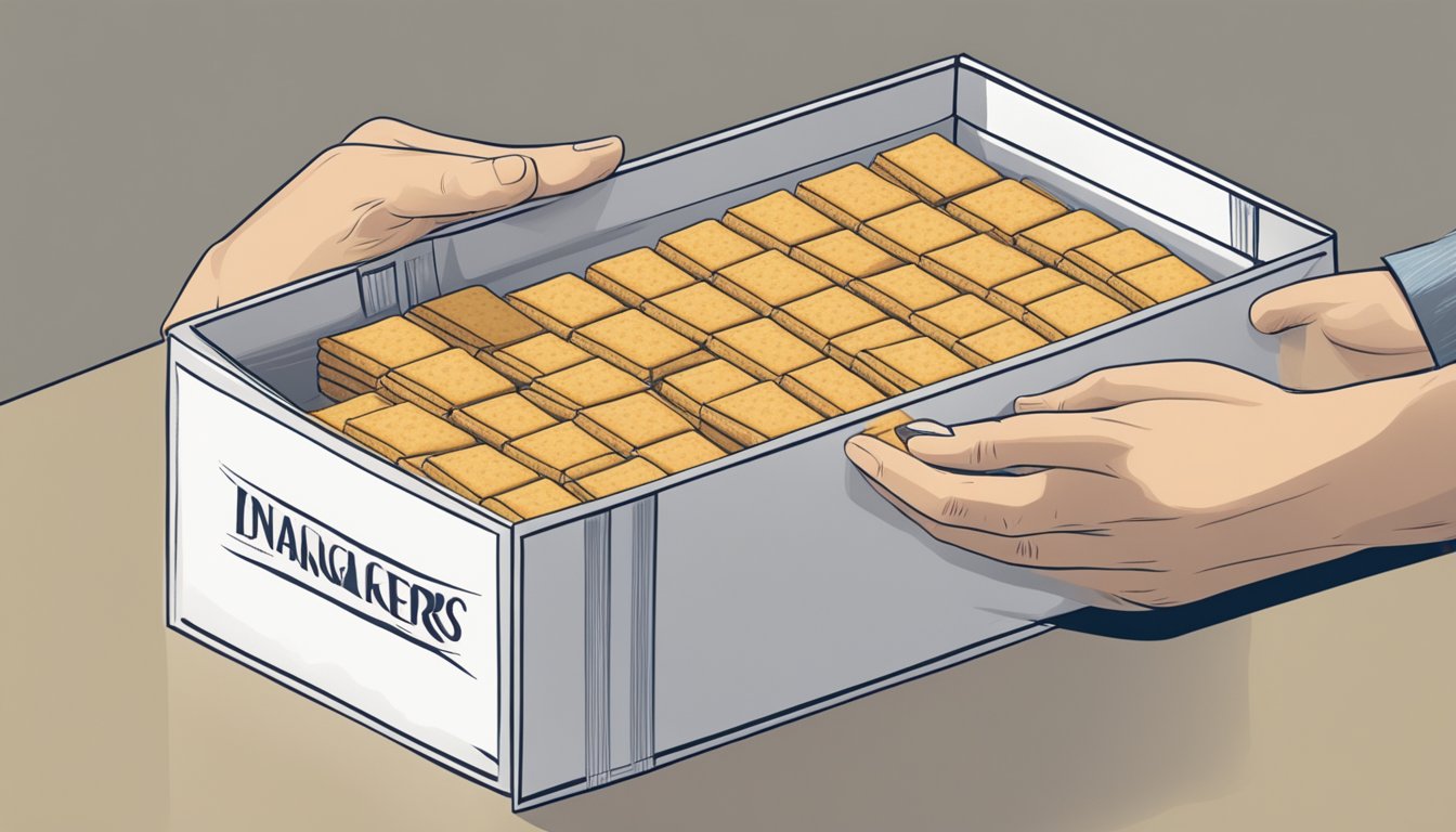 A hand reaching for a box of crackers, examining the expiration date closely with a concerned expression