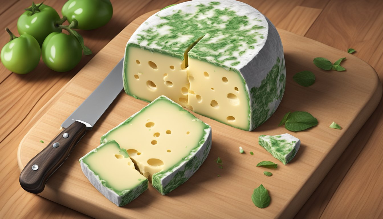 A wheel of gouda cheese covered in green and white mold, sitting on a wooden cutting board with a knife beside it