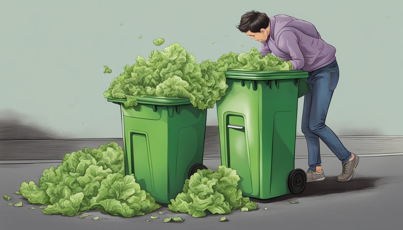 A person throwing away a bag of moldy lettuce in a trash can