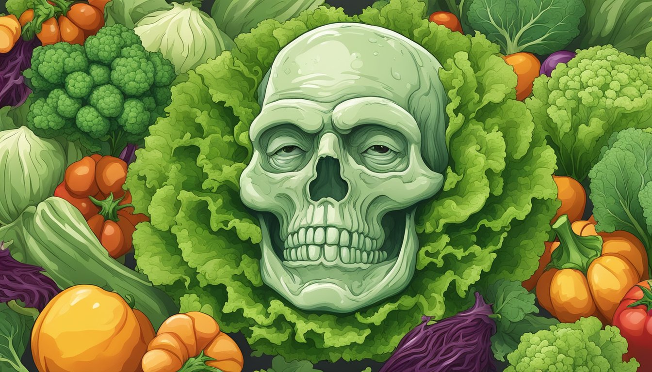 A head of lettuce covered in green mold, surrounded by other fresh vegetables