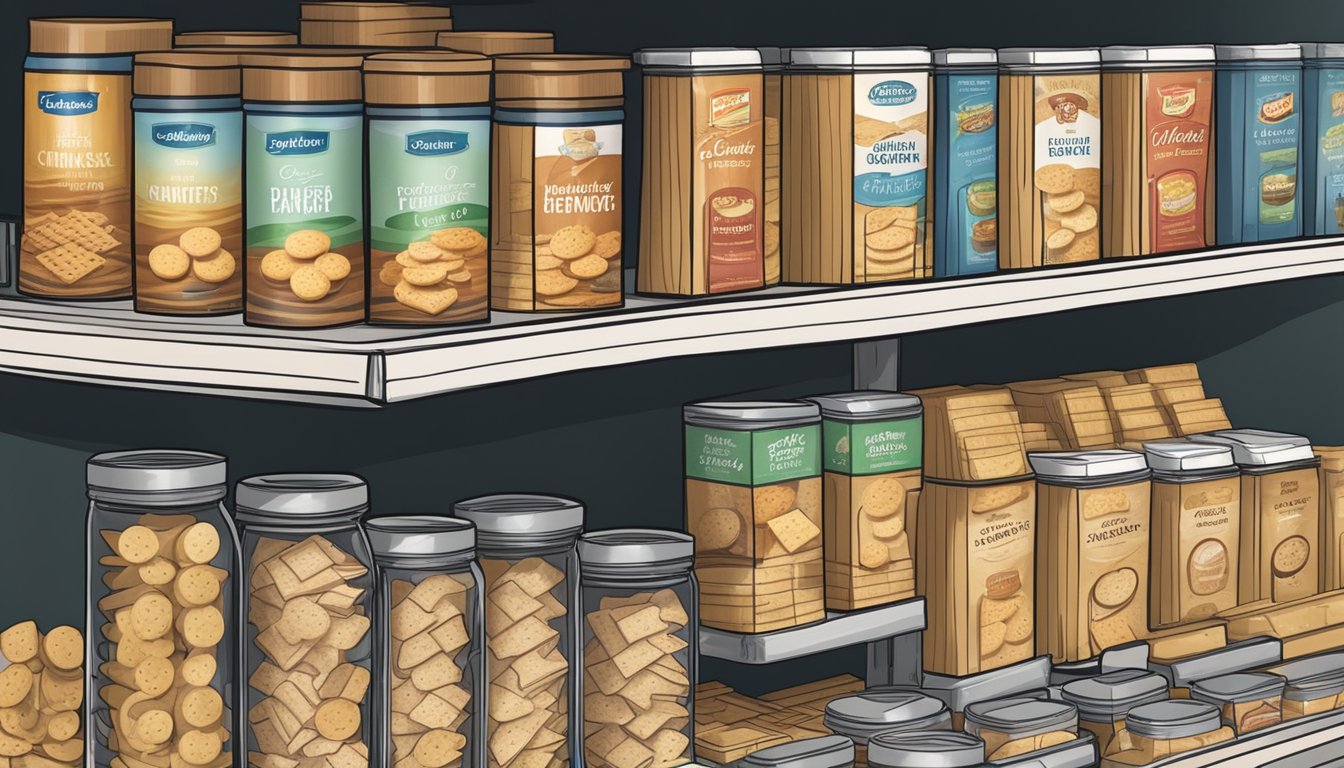 A pantry shelf with various types of crackers in sealed containers, some with expiration dates visible