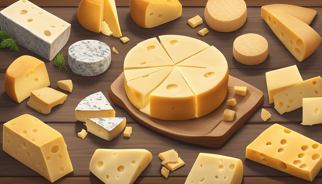 A wheel of gouda cheese with visible mold spots on its surface, surrounded by an assortment of different cheese varieties on a wooden cutting board