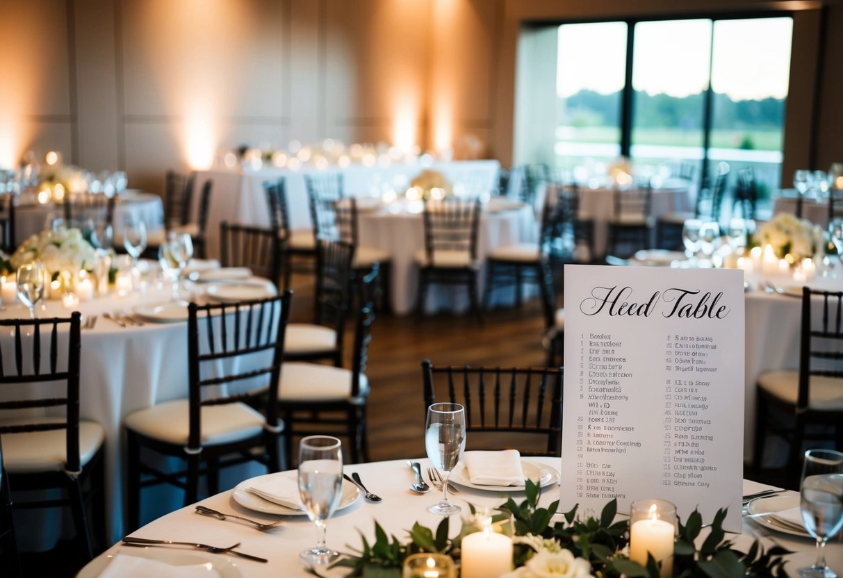 The reception venue with tables and chairs arranged, a head table for the bride and groom, and a seating chart displayed nearby
