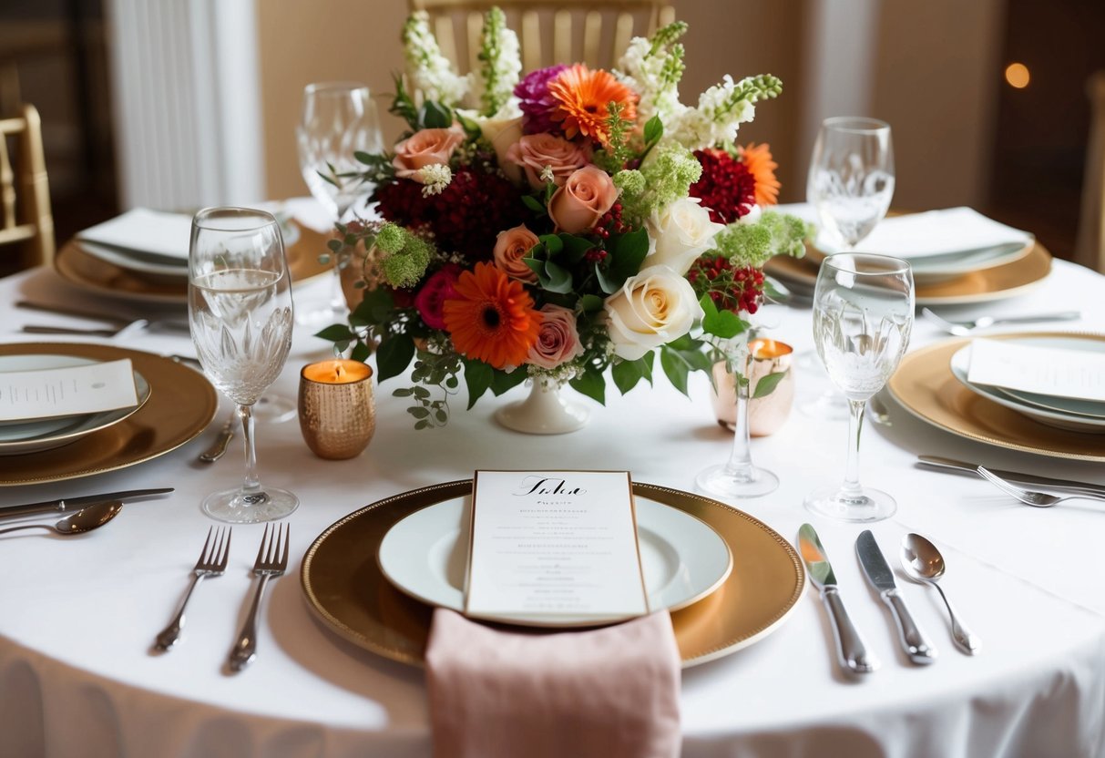 A beautifully decorated table with elegant place settings and a centerpiece of fresh flowers