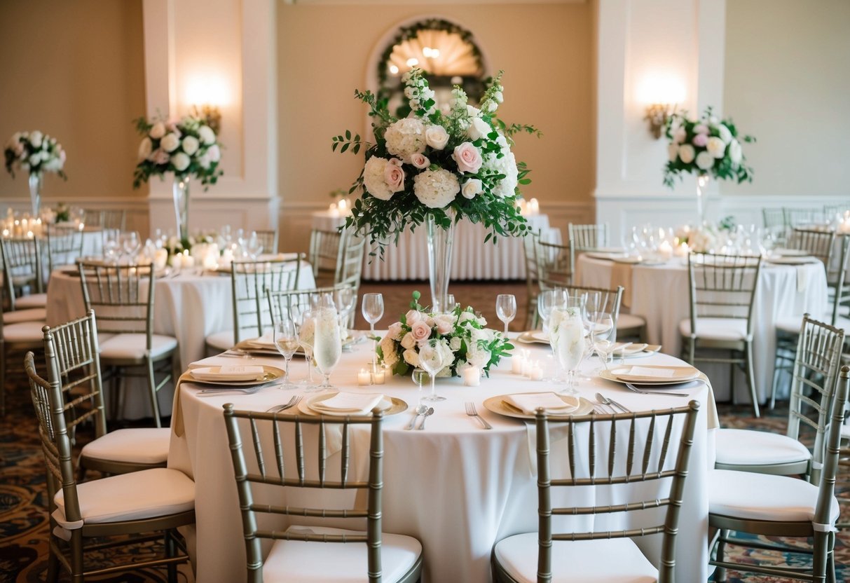 The reception hall is adorned with elegant floral centerpieces and place settings. A beautifully decorated sweetheart table sits at the front of the room for the bride and groom