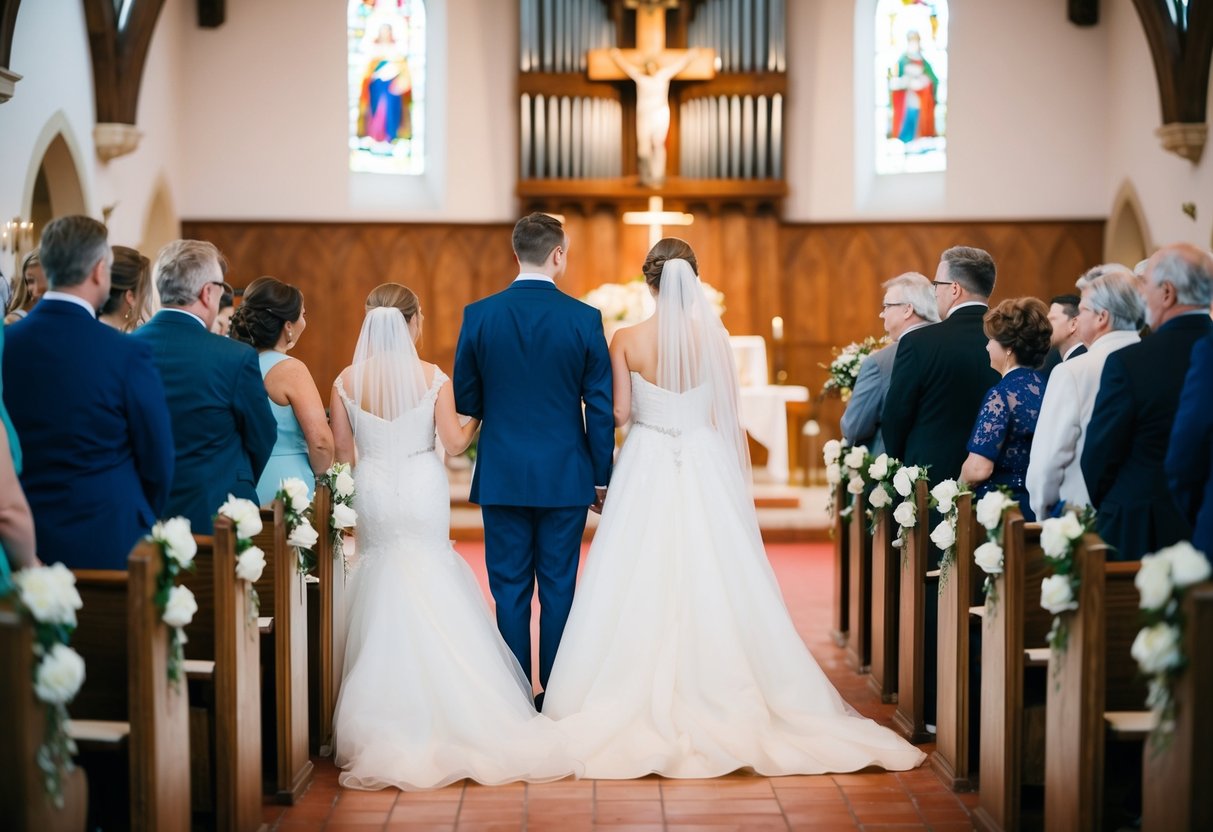 A bride sits on the left side of a church aisle, facing the groom on the right