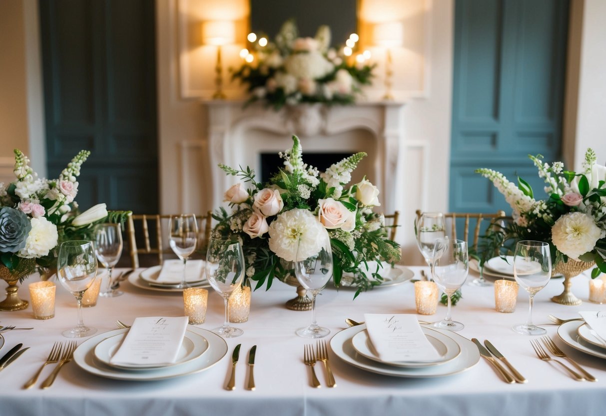 A beautifully decorated head table with elegant place settings for the bride and groom, adorned with fresh flowers and soft candlelight