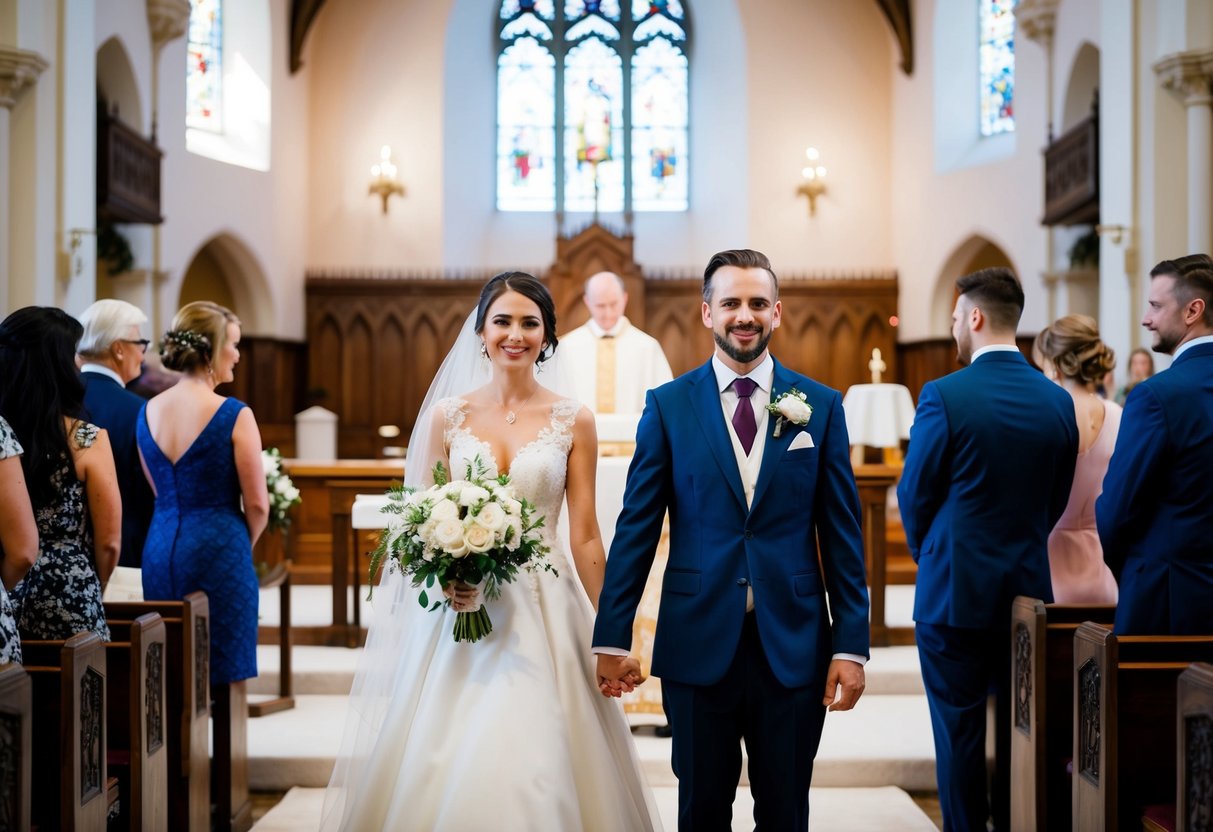 A wedding ceremony in a grand church, with the bride and groom standing at the altar. The bride is positioned on the left side, while the groom is on the right