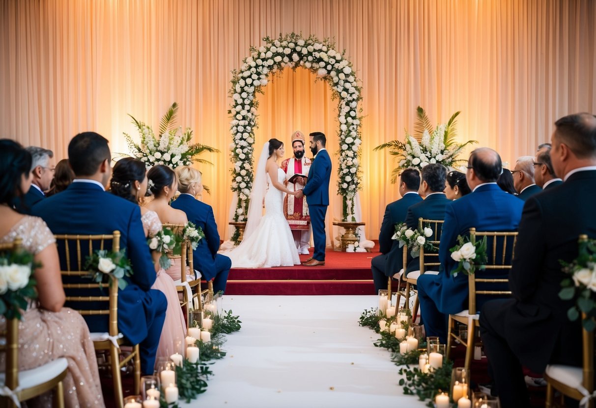 A wedding ceremony with two distinct seating areas for the bride and groom, each representing cultural and religious customs