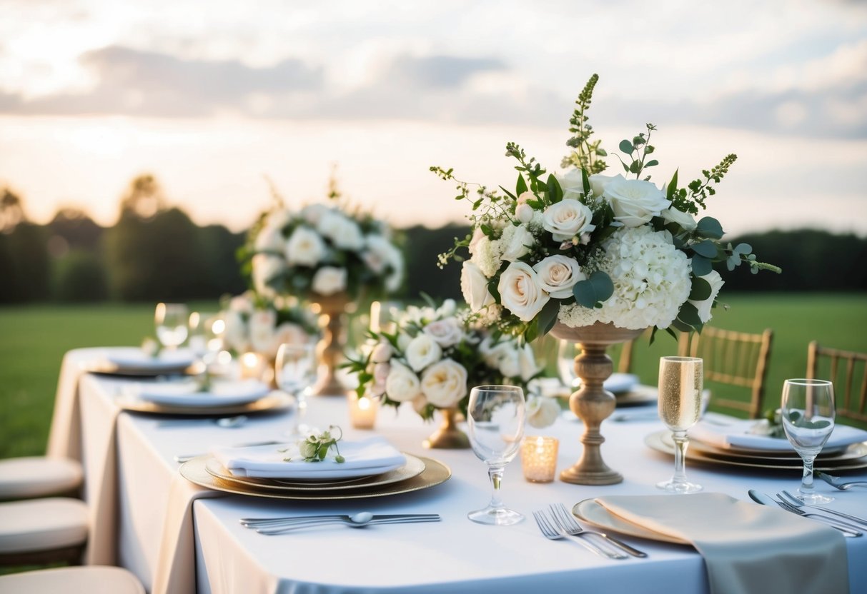 A beautifully decorated head table with elegant place settings and floral centerpieces for the bride and groom