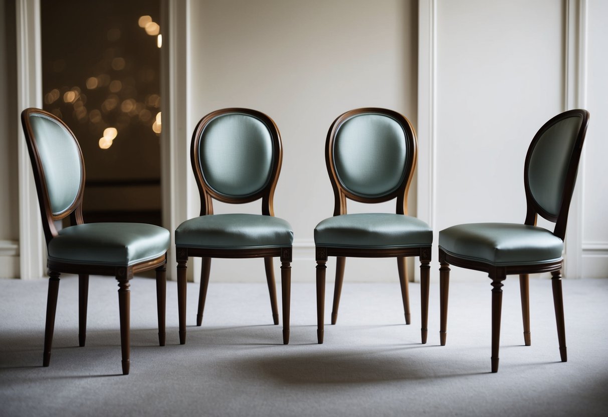 A pair of elegant chairs positioned at the center of the room, flanked by two smaller chairs on either side