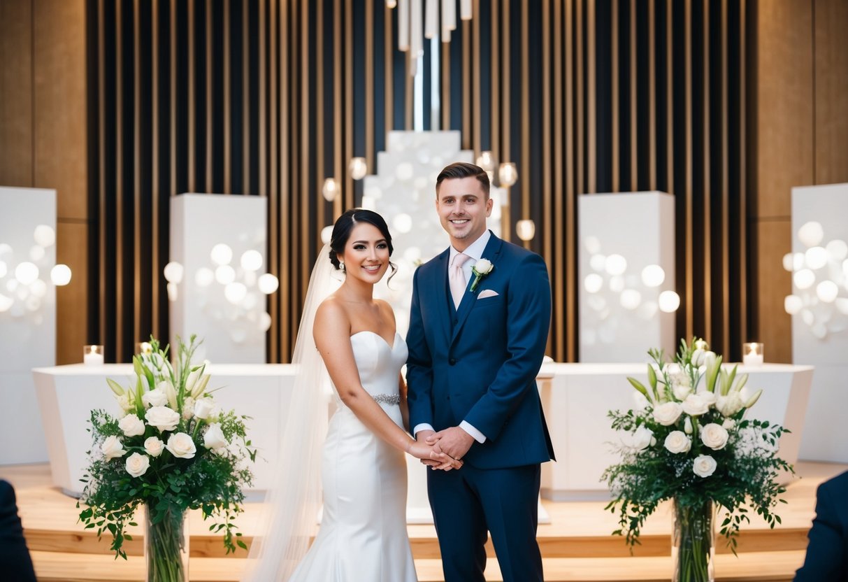 A bride and groom standing at the altar, surrounded by modern decor, with the bride seated on the left side