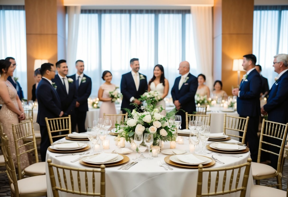 A beautifully decorated table set for the bride and groom, surrounded by elegant chairs for their honored guests